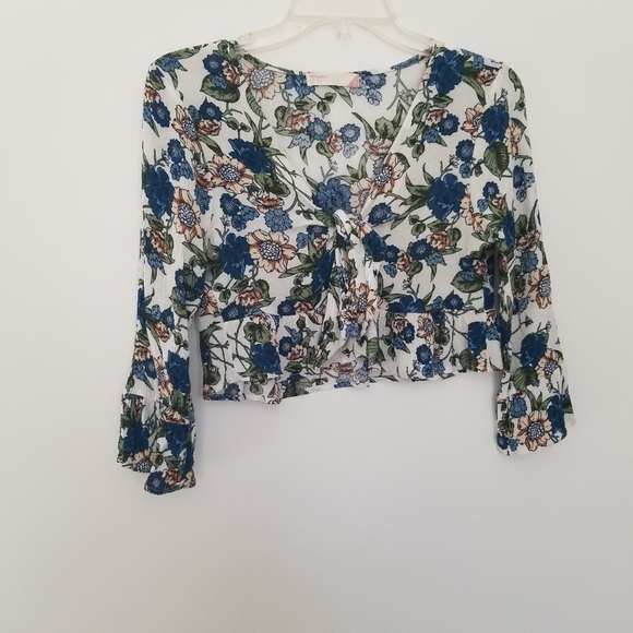 Tie Front Floral Print Bohemian Crop Top Sz Small - Picture 2 of 6